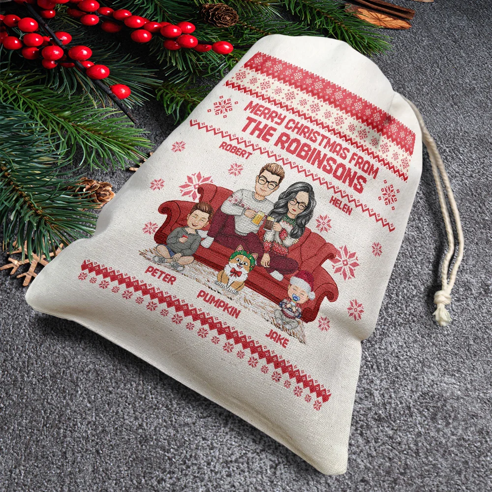 Cartoon Couple With Kids And Pets - Personalized Favor Bag