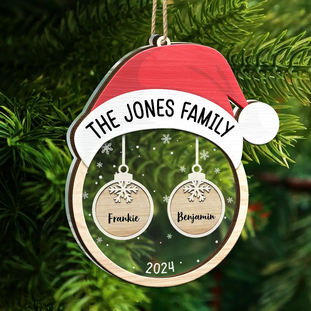 Christmas,Family,Happy - Santa Hat Family Charms Custom Names - Personalized 2-Layered Mix Ornament