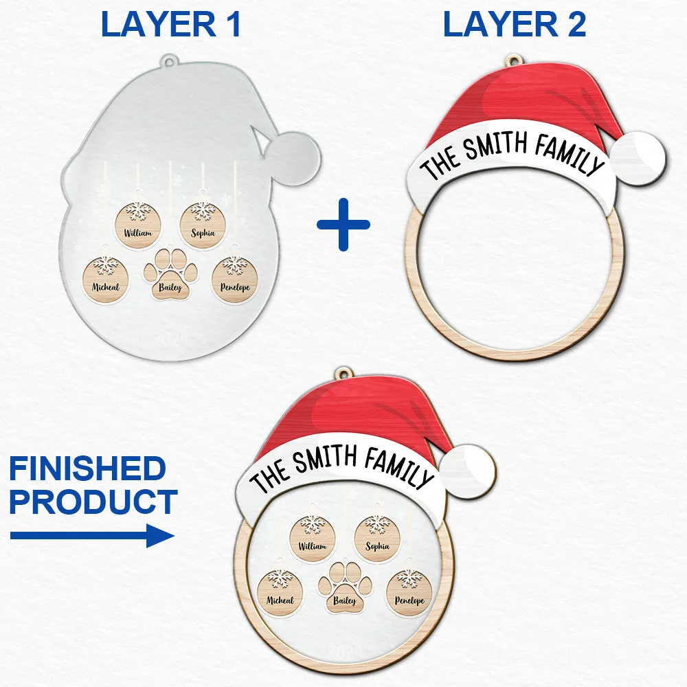 Christmas,Family,Happy - Santa Hat Family Charms Custom Names - Personalized 2-Layered Mix Ornament