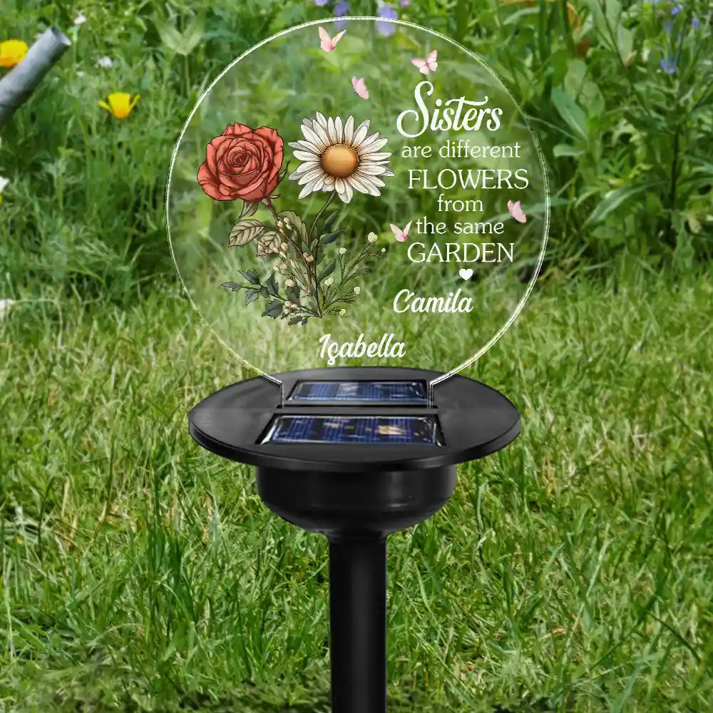 Gift For Bestie, Gift For Sisters - Birth Flower Sisters Are Different Flowers From The Same Garden - Personalized Solar Light
