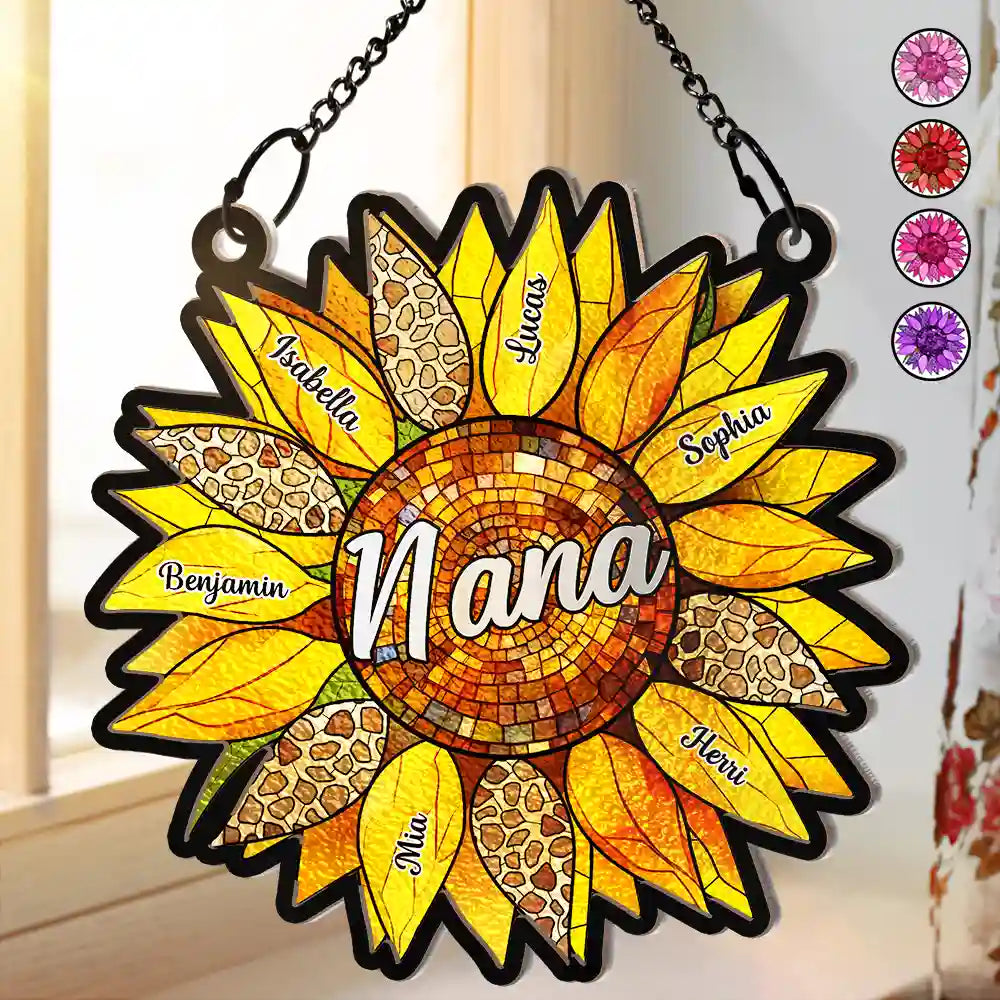 Nana Auntie Mom Family Sunflower - Personalized Window Hanging Suncatcher Ornament