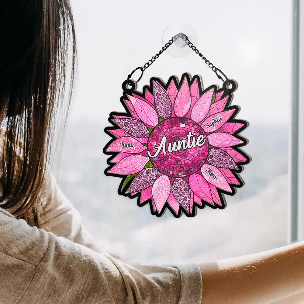 Nana Auntie Mom Family Sunflower - Personalized Window Hanging Suncatcher Ornament