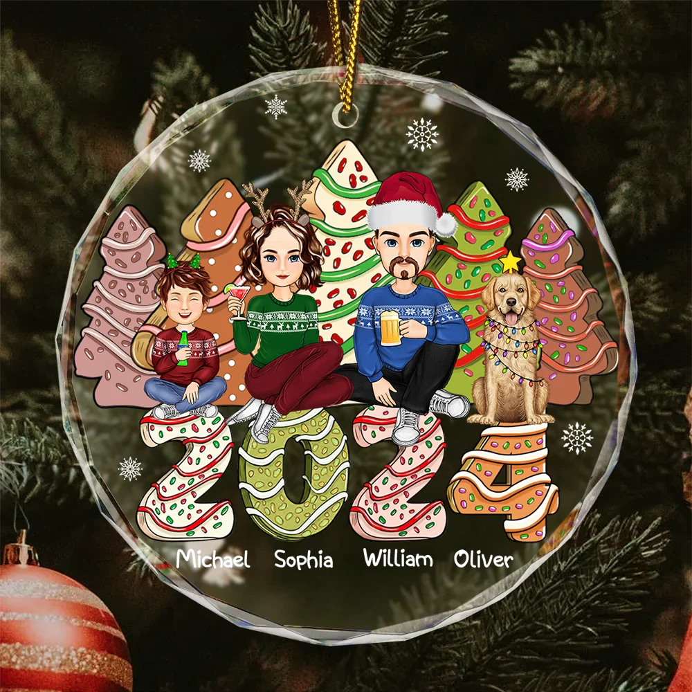 Family 2024 Cake, Cookie Trees Christmas Gift For Parent, Kid, Baby - Personalized Circle Glass Ornament