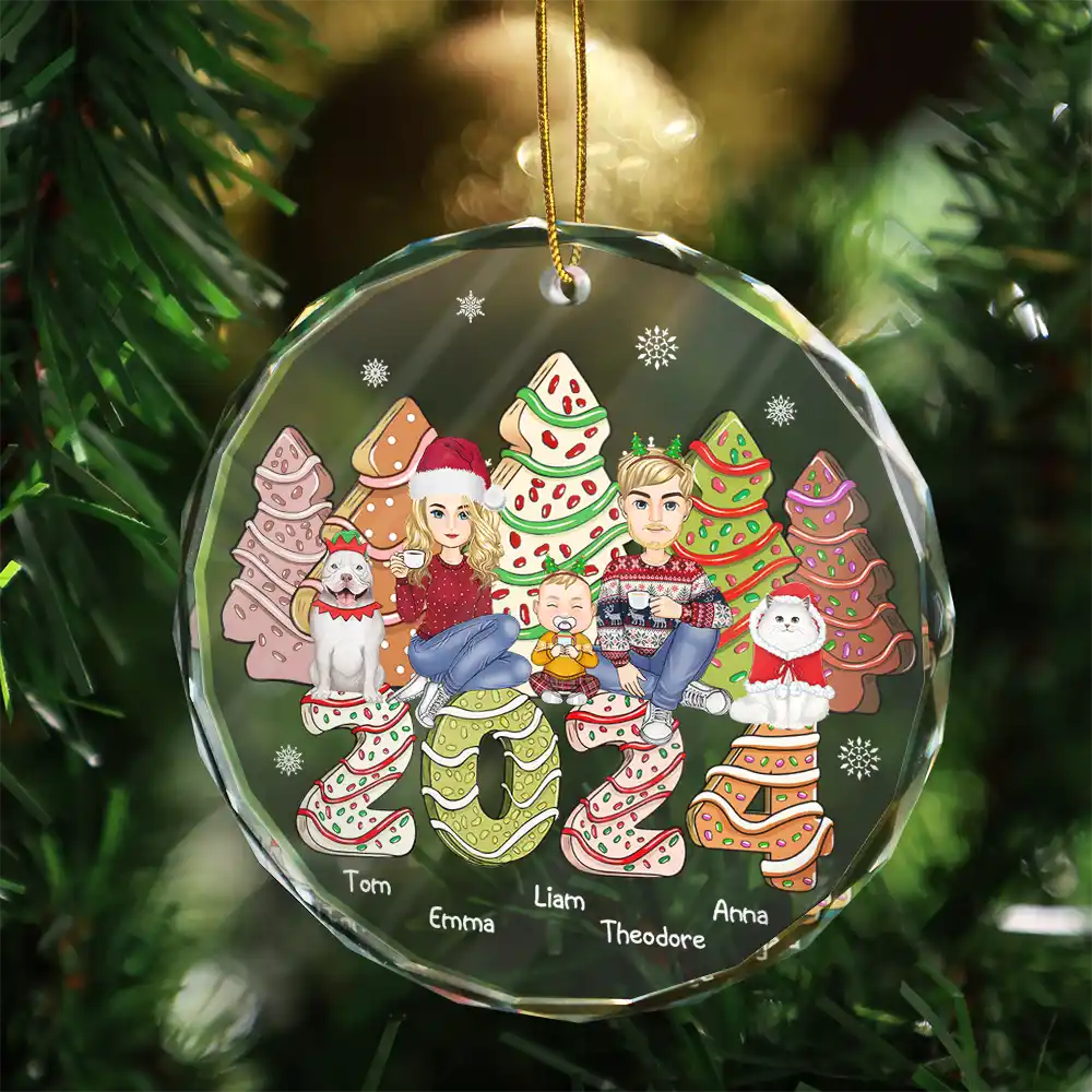 Gift For Couples, Family, Pet Lovers - Family 2024 Cake, Cookie Trees Christmas Gift For Single Parent, Same Gender - Personalized Circle Glass Ornament