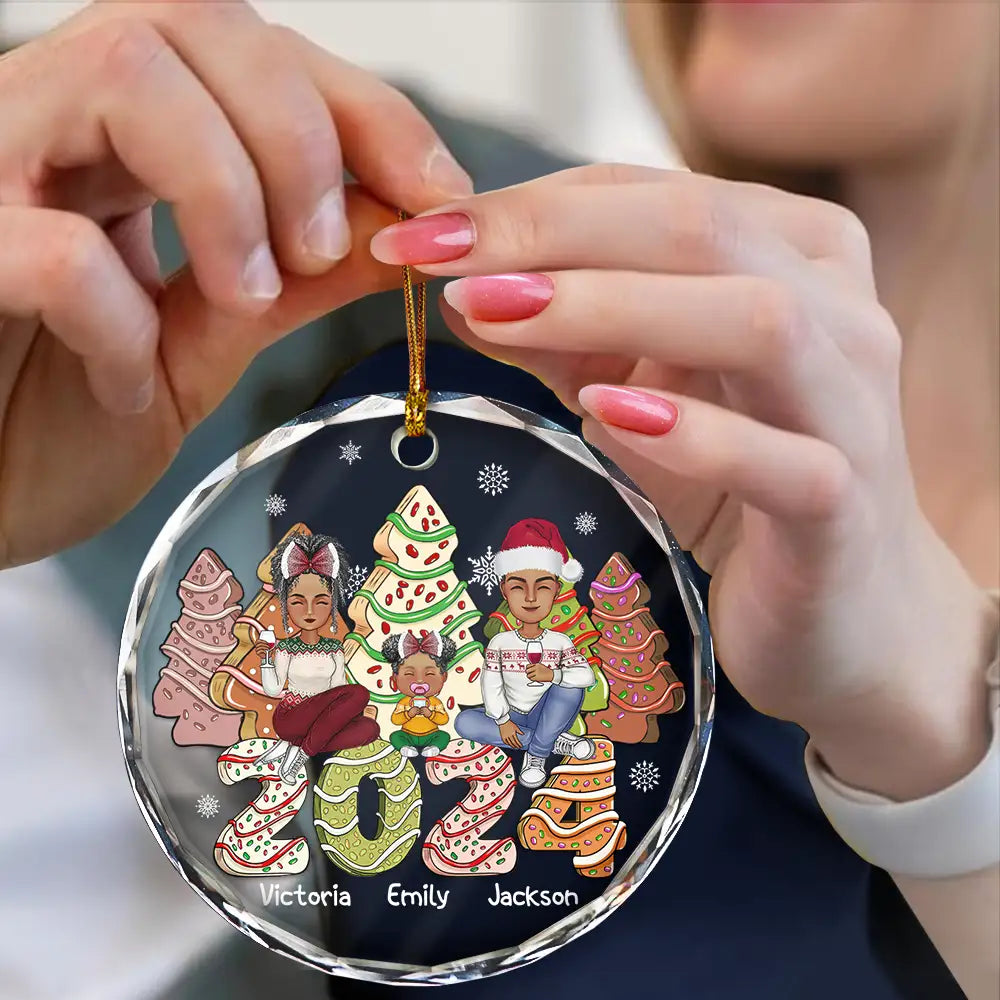 Family 2024 Cake, Cookie Trees Christmas Gift For Parent, Kid, Baby - Personalized Circle Glass Ornament