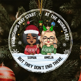 Friendships May Start At The Workplace Christmas Colleagues Chibi - Personalized Circle Glass Ornament