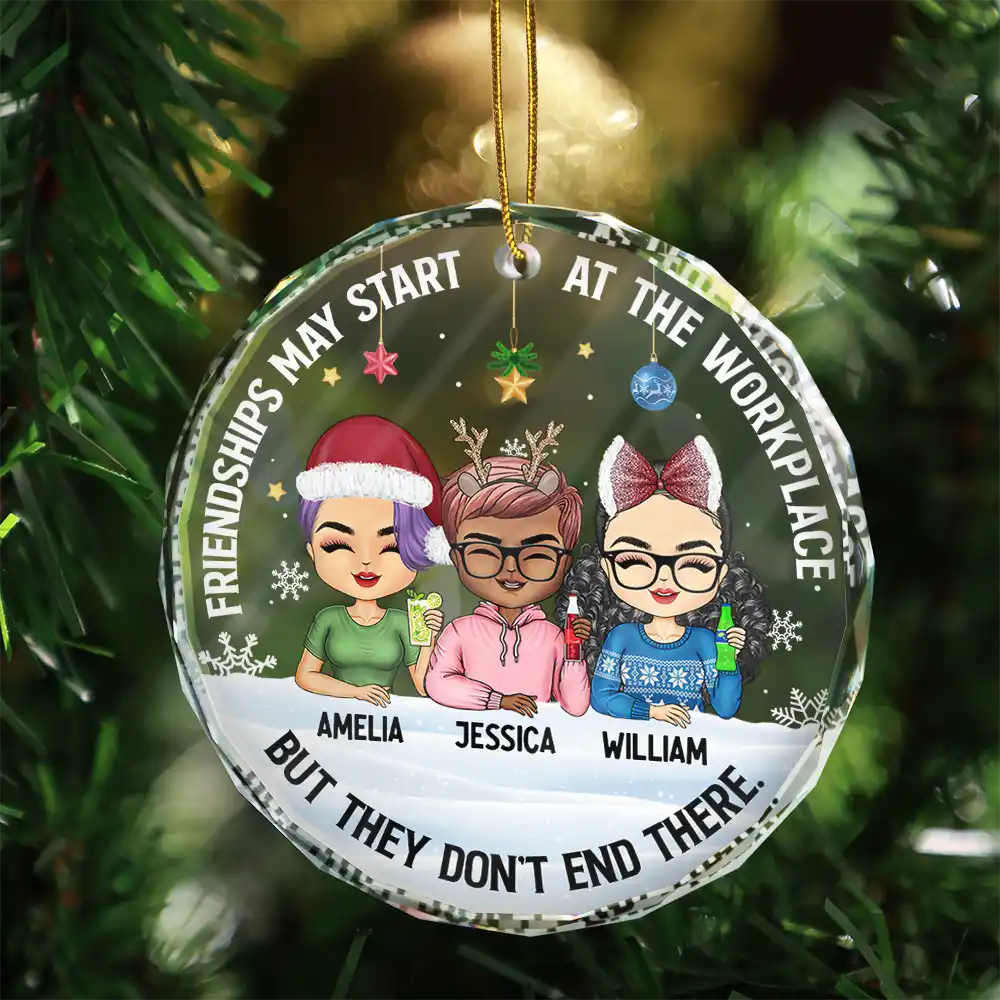 Friendships May Start At The Workplace Christmas Colleagues Chibi - Personalized Circle Glass Ornament