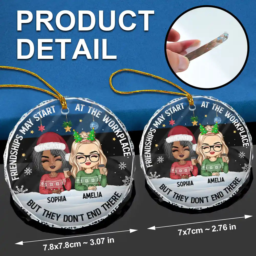 Friendships May Start At The Workplace Christmas Colleagues Chibi - Personalized Circle Glass Ornament