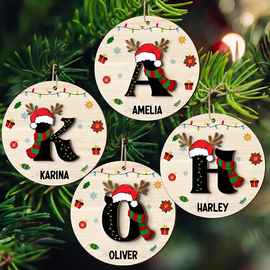 Name Monogram Christmas Family - Personalized 2-Layered Wooden Ornament