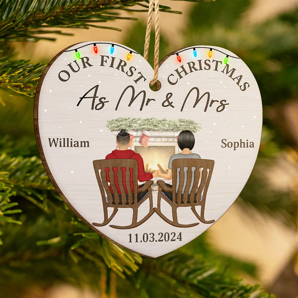 First Christmas Engaged Couples - Personalized Custom Shaped Wooden Ornament