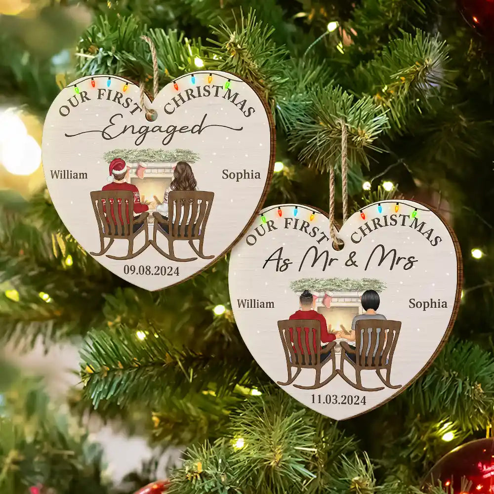 First Christmas Engaged Couples - Personalized Custom Shaped Wooden Ornament