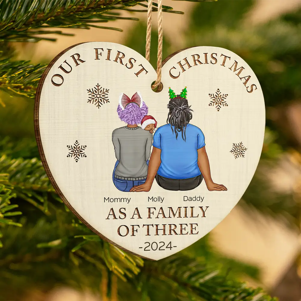 First Christmas As A Family Of Three New Parents - Personalized Custom Shaped Wooden Ornament