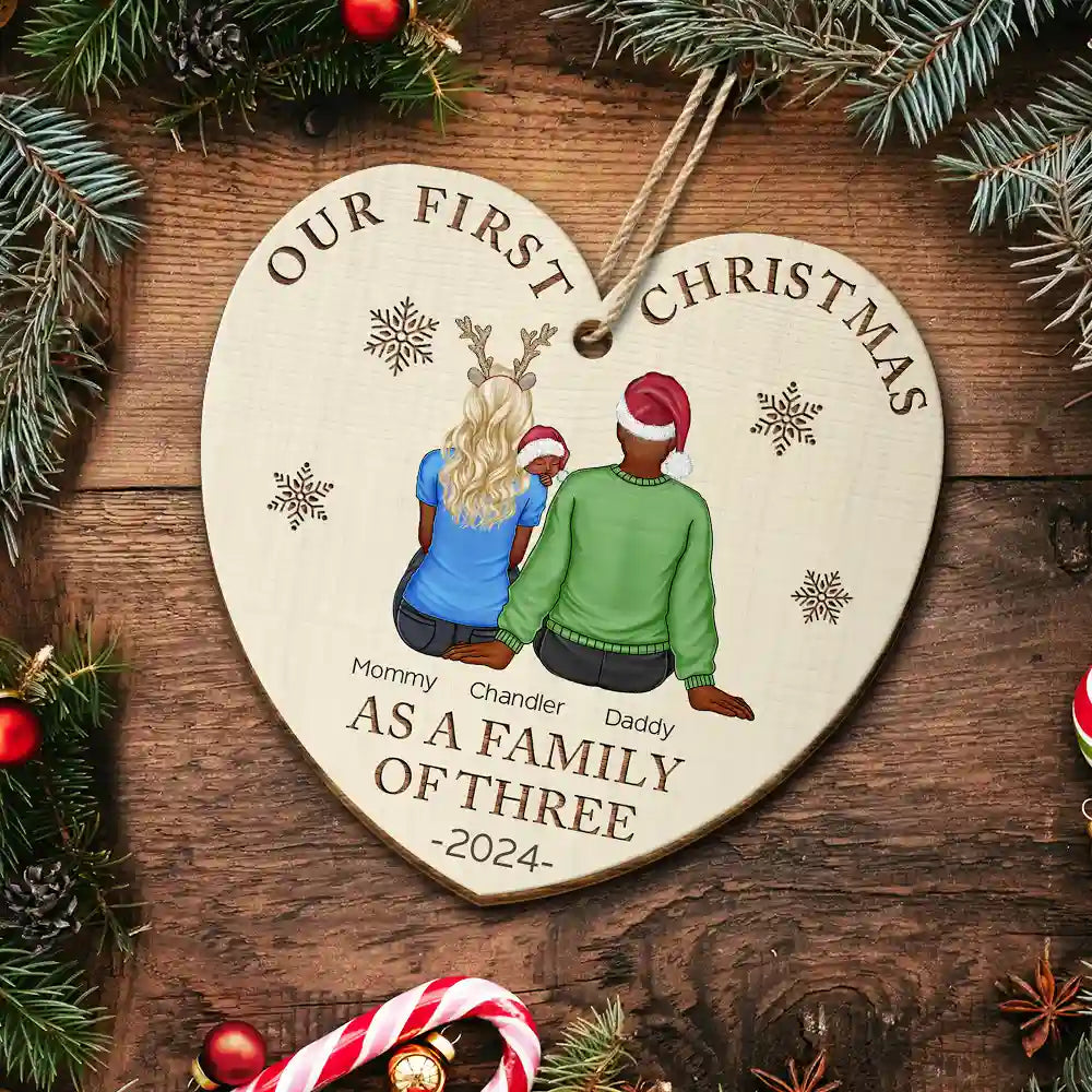 First Christmas As A Family Of Three New Parents - Personalized Custom Shaped Wooden Ornament