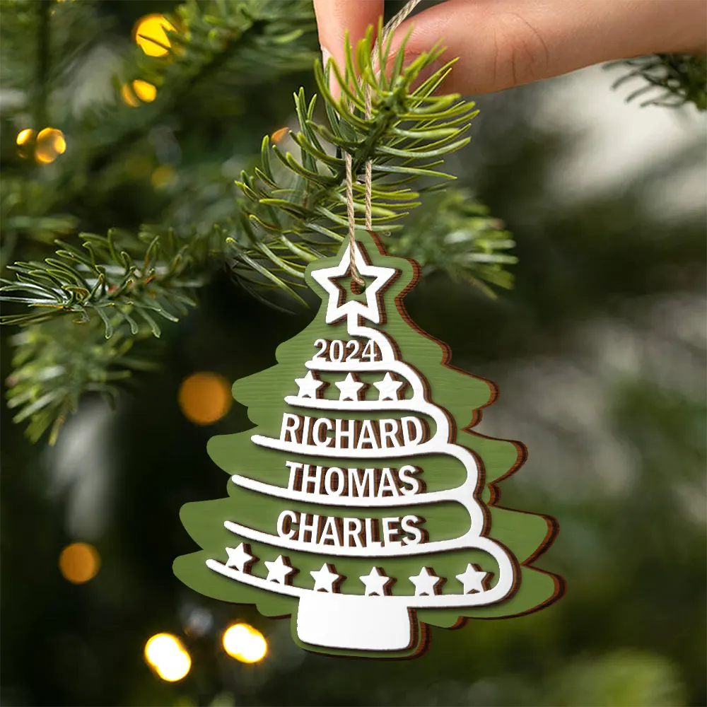 Family - Christmas Tree Family Names - Personalized 2-Layered Wooden Ornament