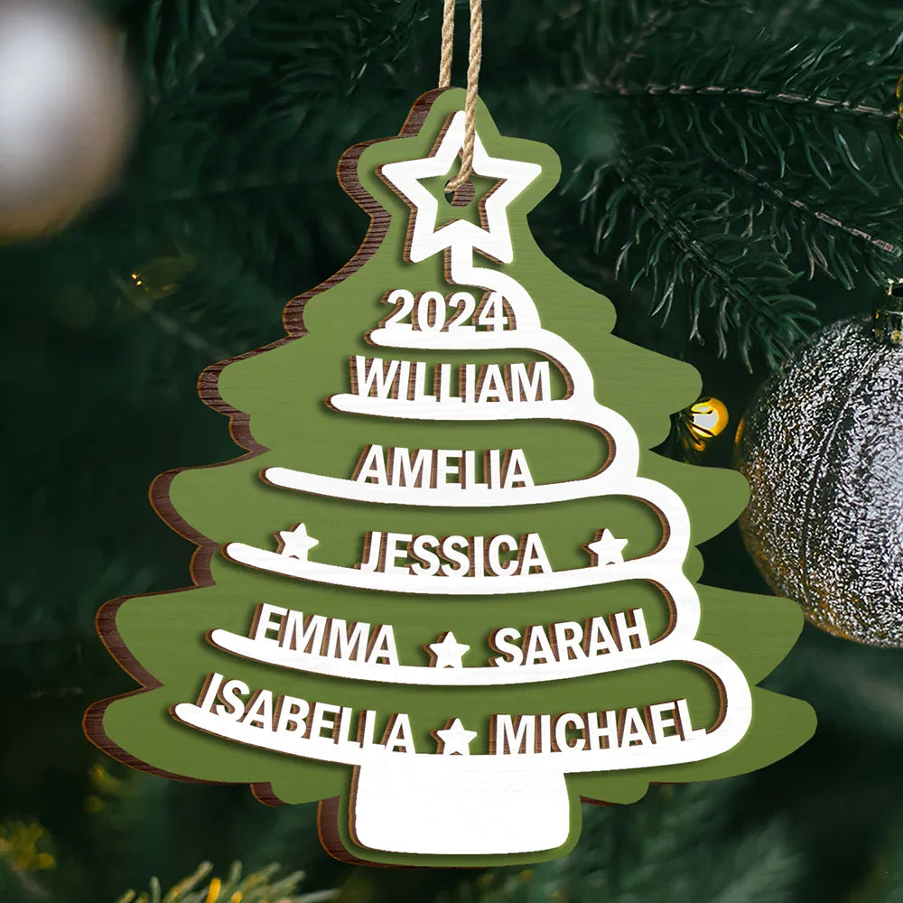 Family - Christmas Tree Family Names - Personalized 2-Layered Wooden Ornament