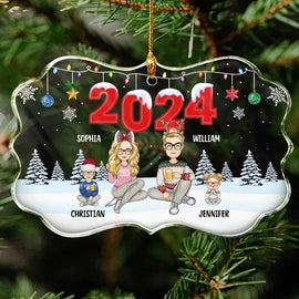 Family, Pet Lovers - 2024 Christmas Cartoon Family Dog Cat - Personalized Medallion Glass Ornament