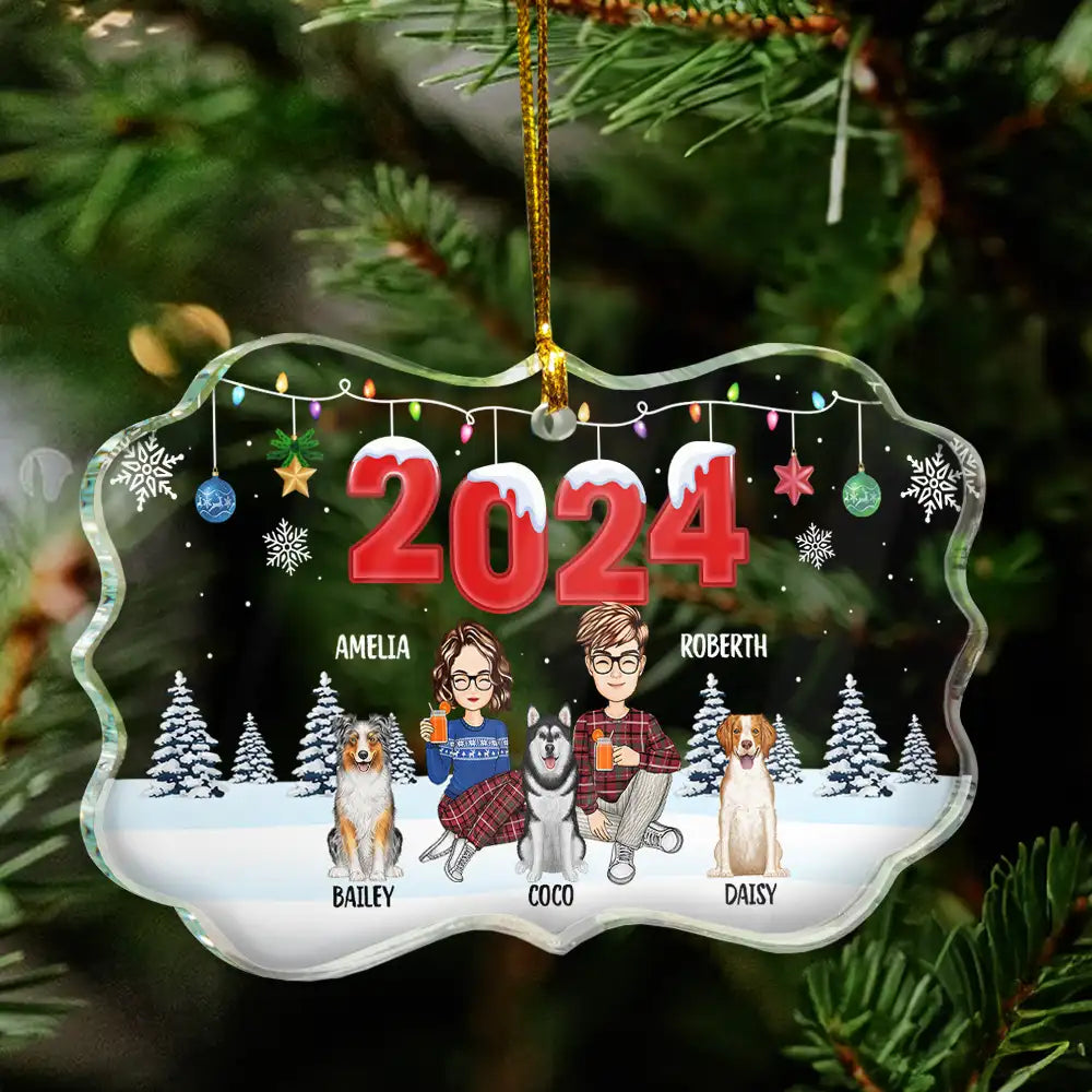 Family, Pet Lovers - 2024 Christmas Cartoon Family Dog Cat - Personalized Medallion Glass Ornament