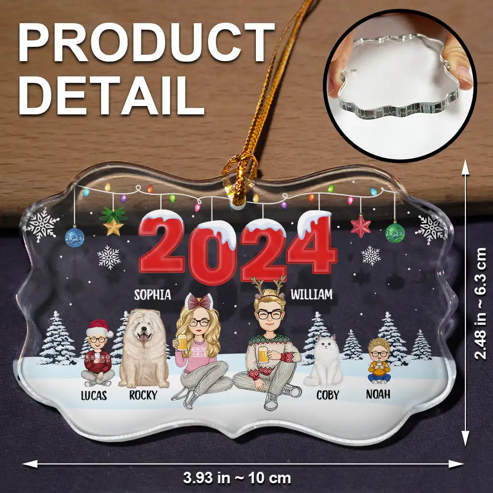 Family, Pet Lovers - 2024 Christmas Cartoon Family Dog Cat - Personalized Medallion Glass Ornament