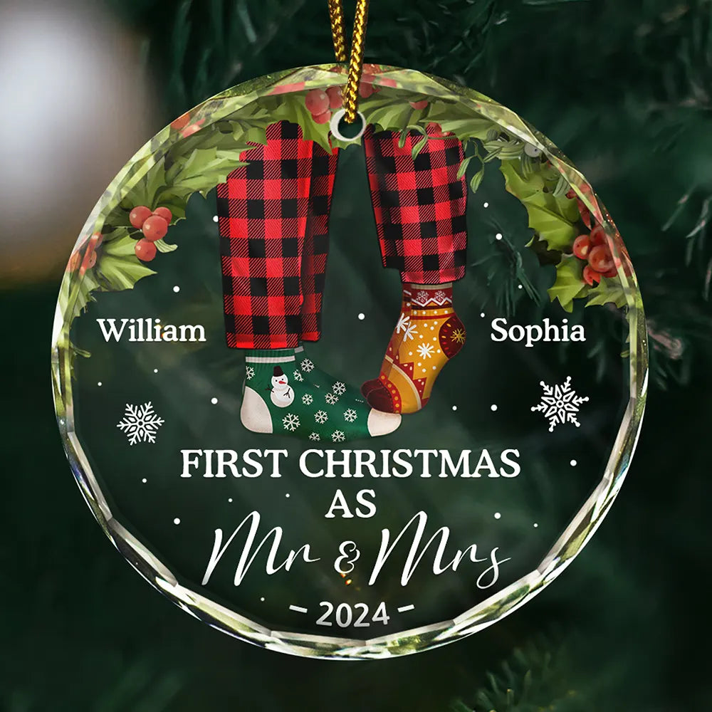 Gift For Couples - First Christmas As Mr & Mrs Christmas Socks Couple - Personalized Circle Glass Ornament