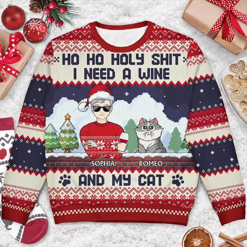 Pet Lovers - Ho Ho Holy I Need A Beer Funny Cartoon Dog Cat - Personalized Unisex Ugly Sweater