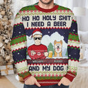 Pet Lovers - Ho Ho Holy I Need A Beer Funny Cartoon Dog Cat - Personalized Unisex Ugly Sweater