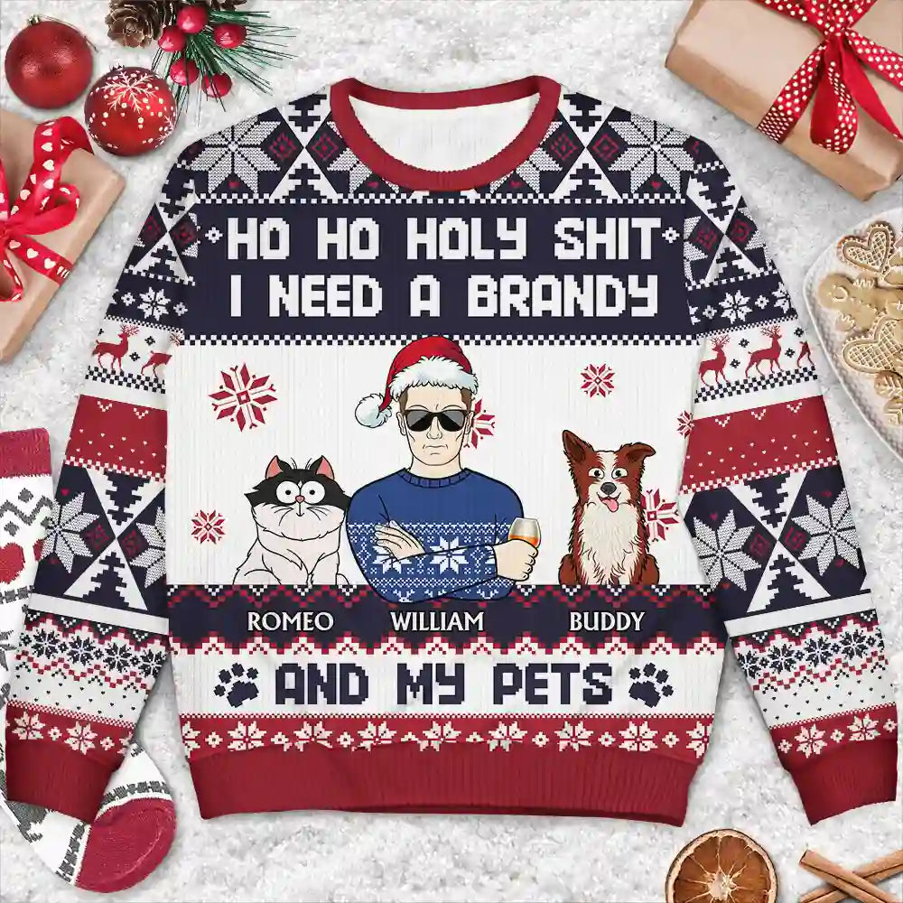 Christmas,Funny,Dog Lovers,Cat Lovers,Pet Lovers,Dog Dad - Ho Ho Holy I Need A Beer Dog Cat Christmas - Personalized Unisex Ugly Sweater