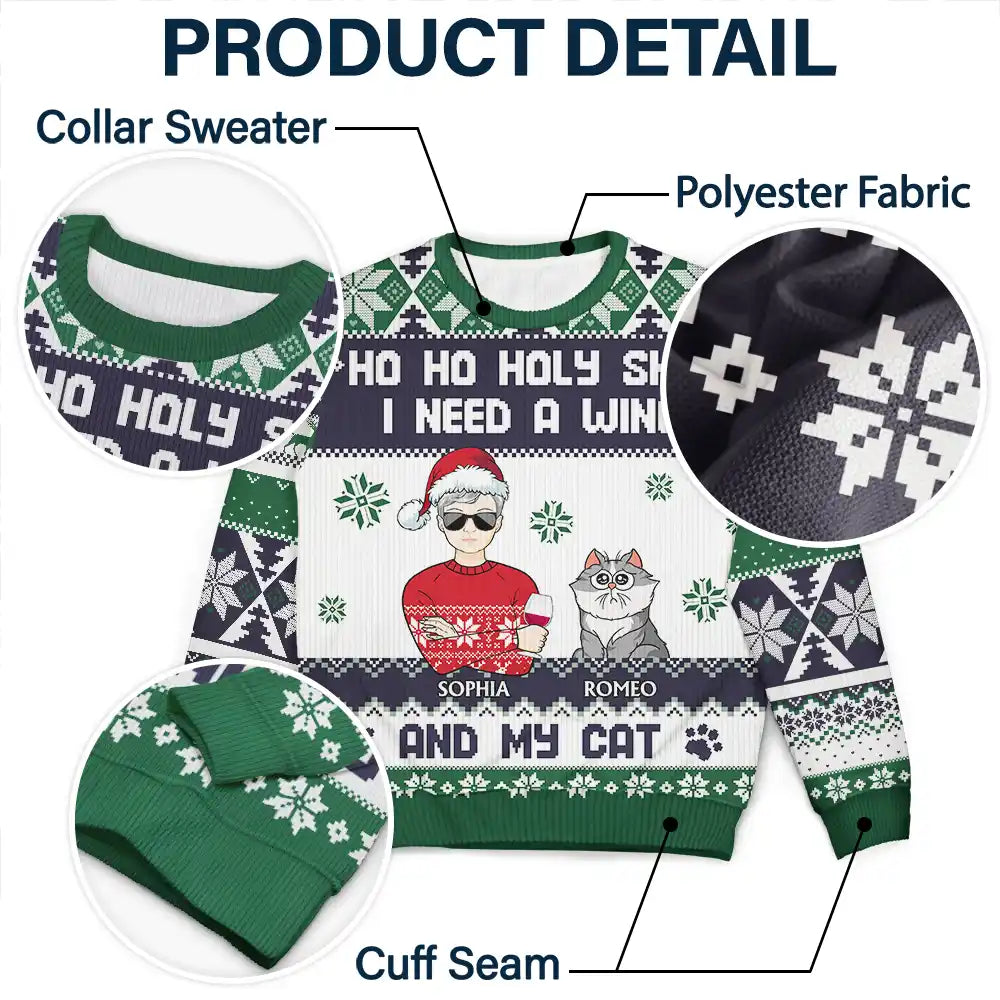 Christmas,Funny,Dog Lovers,Cat Lovers,Pet Lovers,Dog Dad - Ho Ho Holy I Need A Beer Dog Cat Christmas - Personalized Unisex Ugly Sweater