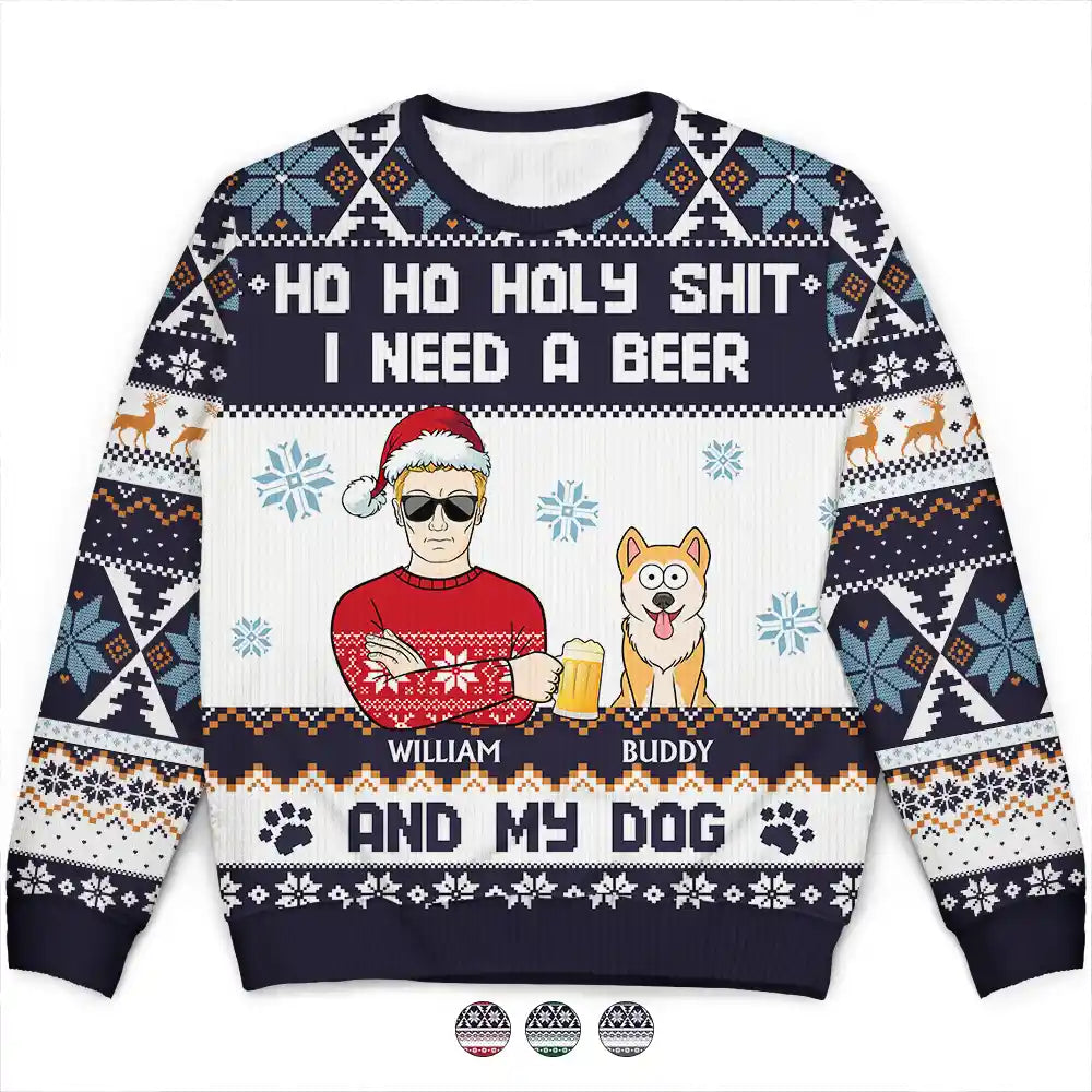 Christmas,Funny,Dog Lovers,Cat Lovers,Pet Lovers,Dog Dad - Ho Ho Holy I Need A Beer Dog Cat Christmas - Personalized Unisex Ugly Sweater