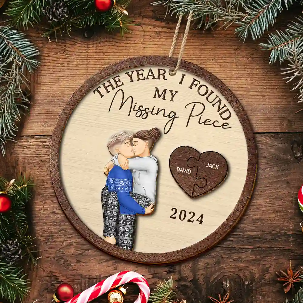 Gift For Couples, Gift For Husband, Gift For Wife, Gift For Boyfriend, Gift For Girlfriend, LGBT - The Year I Found My Missing Piece Kissing Couples Same Gender - Personalized 2-Layered Wooden Ornament