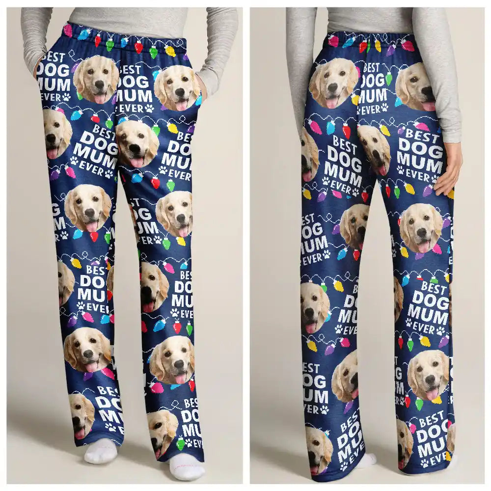 Pet Lovers - Custom Photo Best Dog Dad Ever Cat Pet Christmas Light - Personalized Pajama Pants