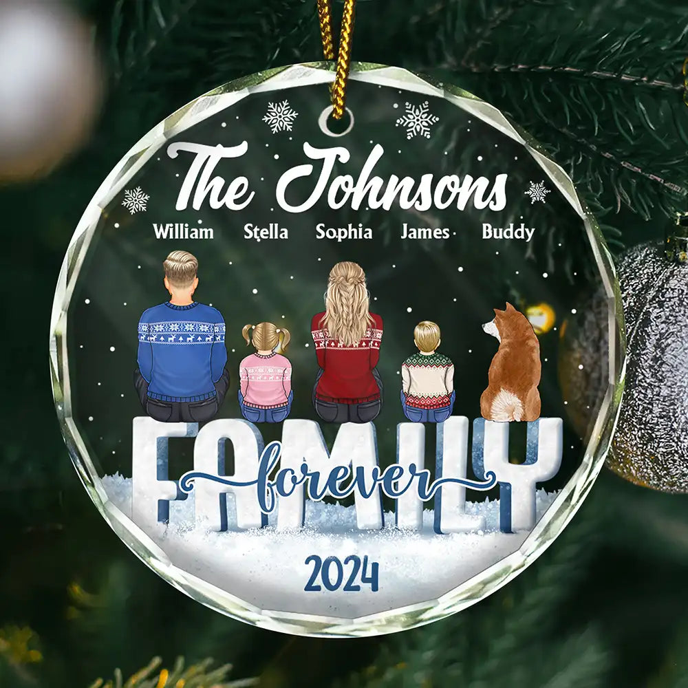 Family, Pet Lovers - Christmas Family Dog Cat - Personalized Circle Glass Ornament