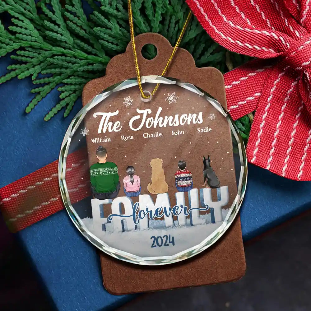 Family, Pet Lovers - Christmas Family Dog Cat - Personalized Circle Glass Ornament