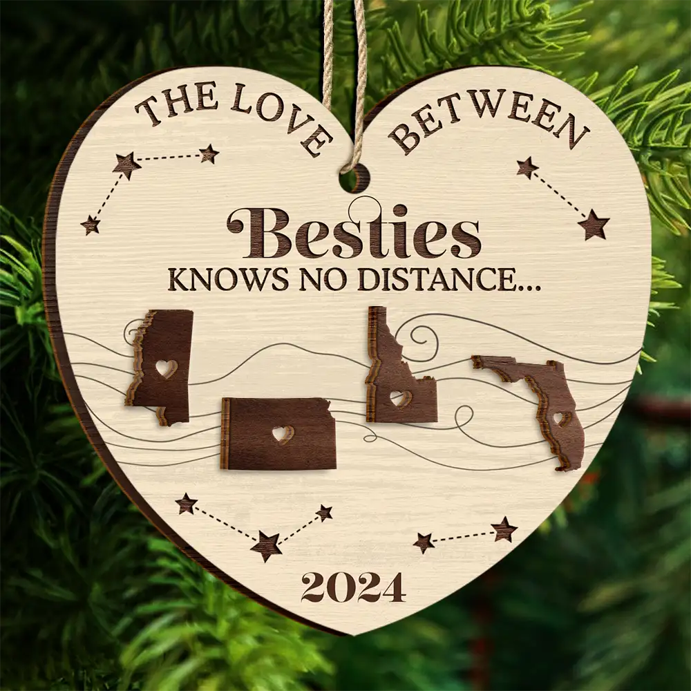 Family, Gift For Sibling, Parents, Gift For Grandparents, Gift For Sisters, Gift For Brothers, Gift For Bestie - The Love Between Family Knows No Distance Christmas Heart - Personalized 2-Layered Wooden Ornament
