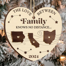 Family, Gift For Sibling, Parents, Gift For Grandparents, Gift For Sisters, Gift For Brothers, Gift For Bestie - The Love Between Family Knows No Distance Christmas Heart - Personalized 2-Layered Wooden Ornament
