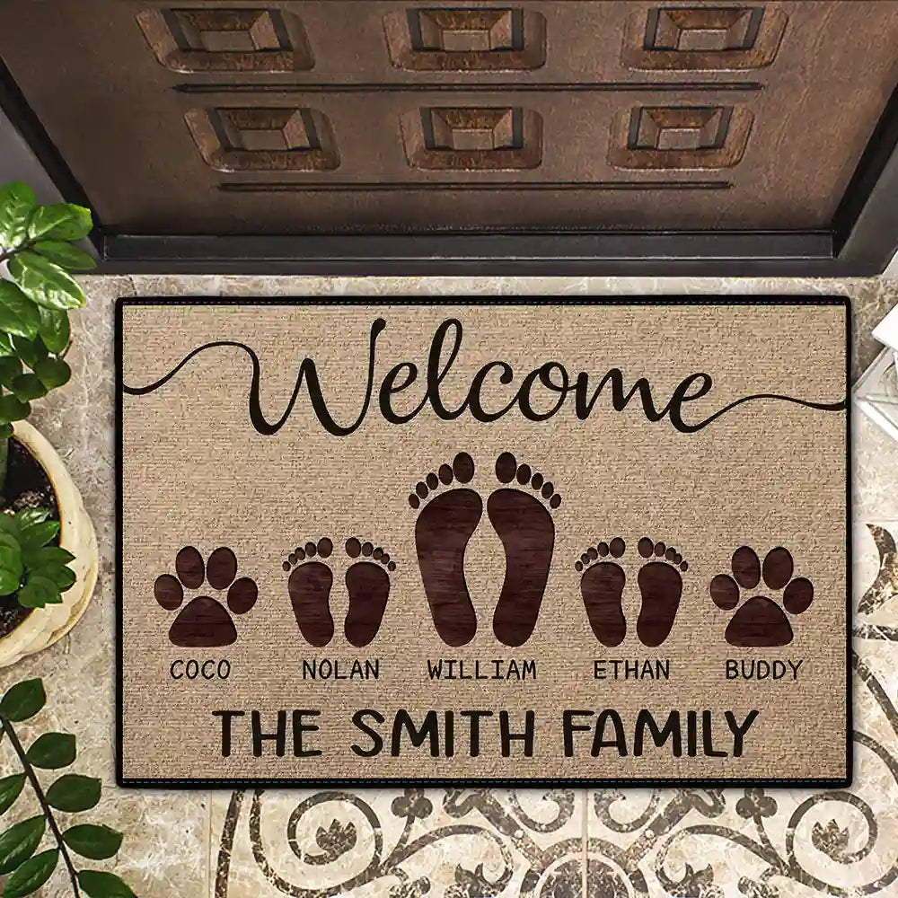 Family, Parents, Gift For Grandparents - Welcome Happy Family Dog Cat - Personalized Doormat
