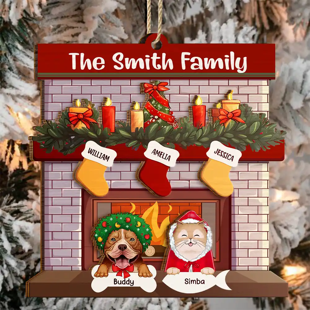 Family,Parents,Pet Lovers,Dog Lovers,Cat Lovers - Family Fireplace Dog Cat Christmas - Personalized 2-Layered Wooden Ornament