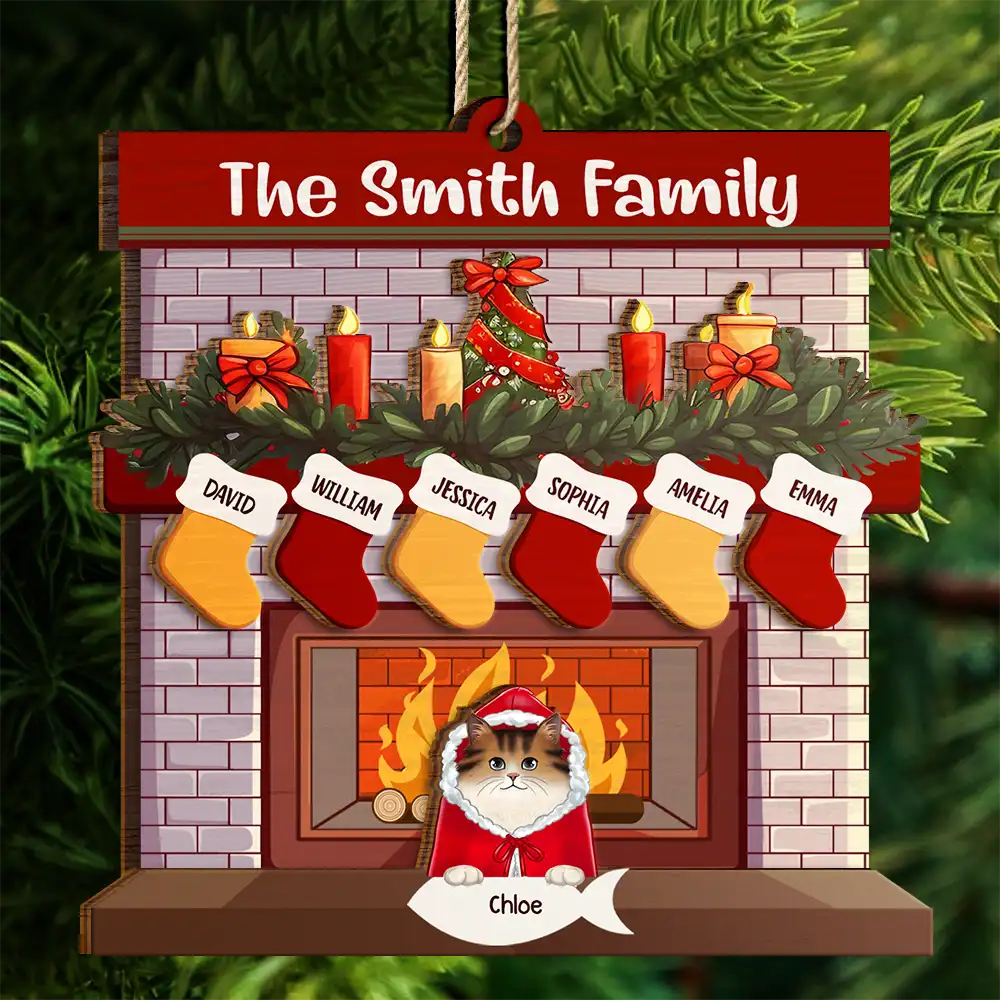 Family,Parents,Pet Lovers,Dog Lovers,Cat Lovers - Family Fireplace Dog Cat Christmas - Personalized 2-Layered Wooden Ornament