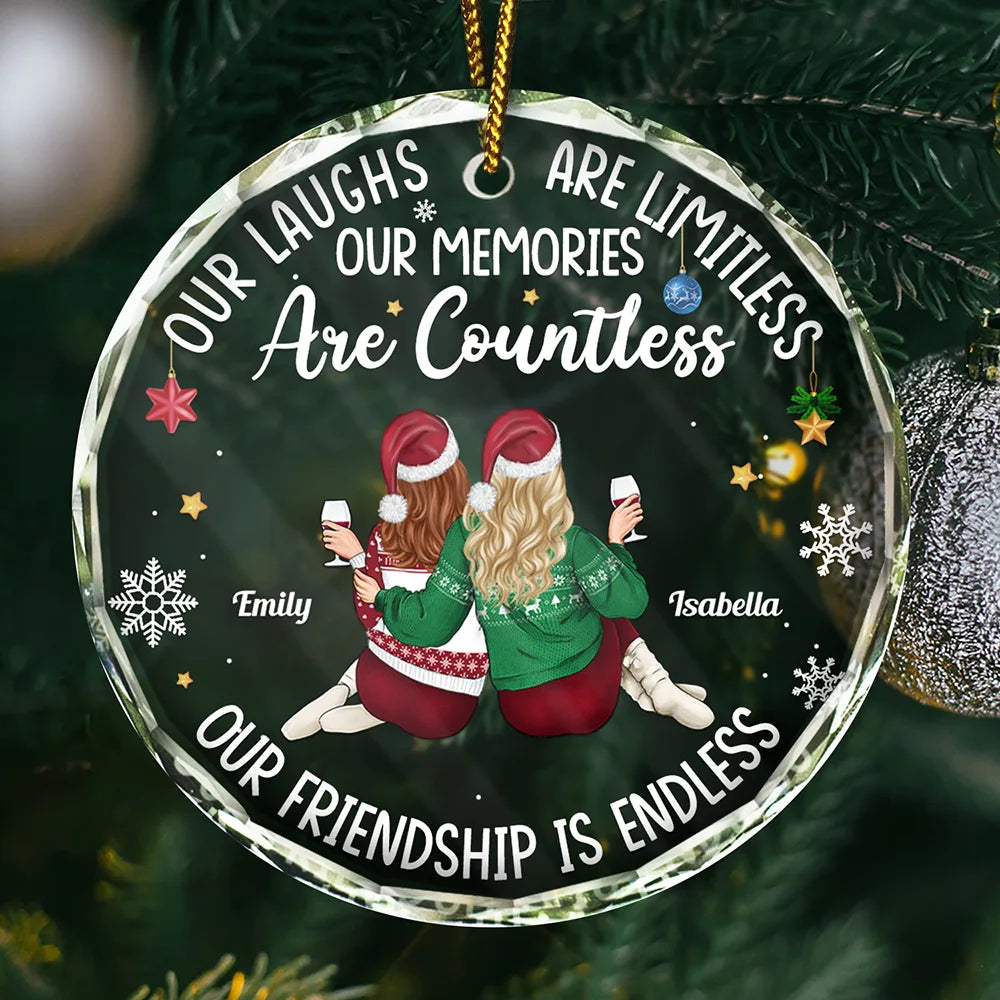 Gift For Bestie, Gifts For Colleagues - Besties Our Laughs Are Limitless Christmas Backside - Personalized Circle Glass Ornament