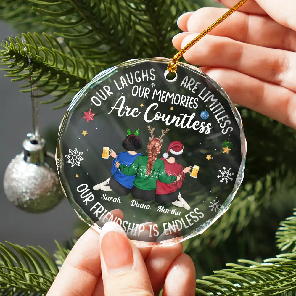 Gift For Bestie, Gifts For Colleagues - Besties Our Laughs Are Limitless Christmas Backside - Personalized Circle Glass Ornament