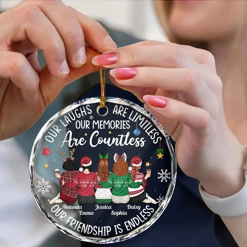 Gift For Bestie, Gifts For Colleagues - Besties Our Laughs Are Limitless Christmas Backside - Personalized Circle Glass Ornament