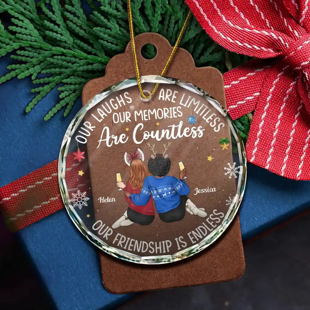 Gift For Bestie, Gifts For Colleagues - Besties Our Laughs Are Limitless Christmas Backside - Personalized Circle Glass Ornament