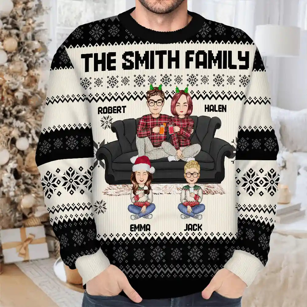 Cartoon Senior Couple With Children - Personalized Unisex Ugly Sweater