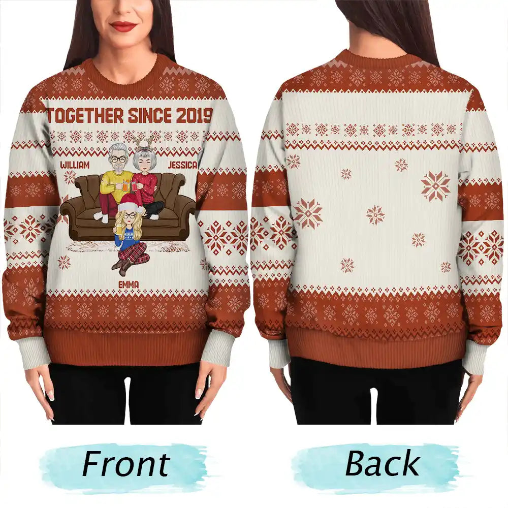 Old Couples, Parents - Cartoon Senior Couple With Children - Personalized Unisex Ugly Sweater