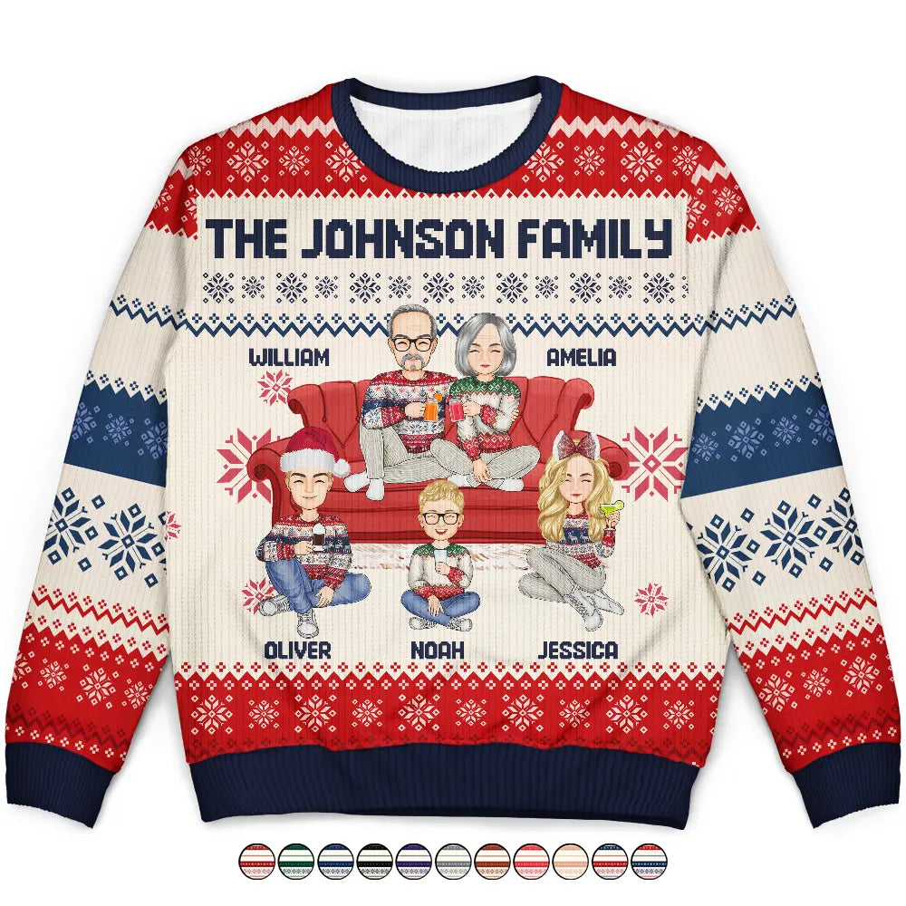 Old Couples, Parents - Cartoon Senior Couple With Children - Personalized Unisex Ugly Sweater