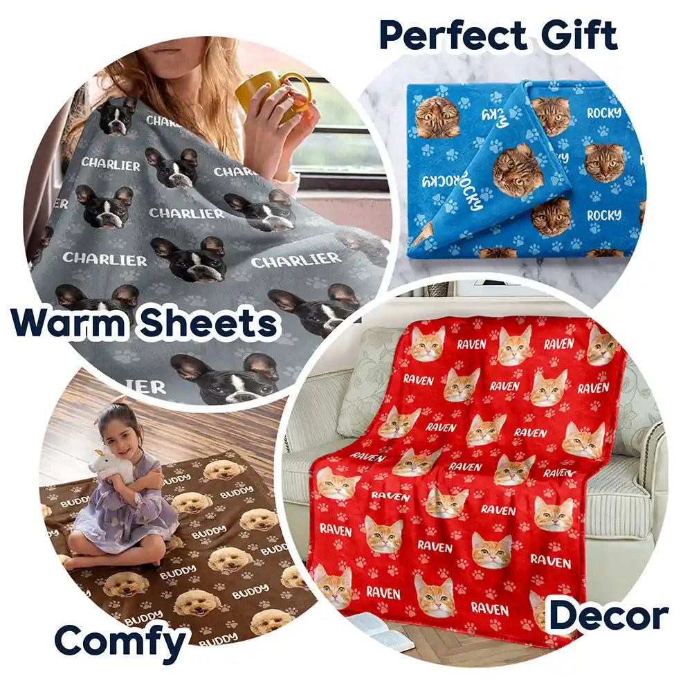 Custom Photo Funny Pet Face Pattern Dog Cat Family - Personalized Fleece Blanket, Sherpa Blanket