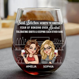 Gift For Bestie, Gifts For Colleagues, Gift For Sisters - Here's To Another Year Of Bonding Over Alcohol Bestie - Personalized Stemless Wine Glass