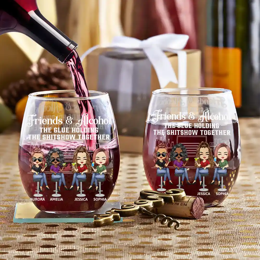 Gift For Bestie ,Gifts For Colleagues, Gift For Sisters - Here's To Another Year Of Bonding Over Alcohol Bestie Chibi - Personalized Stemless Wine Glass
