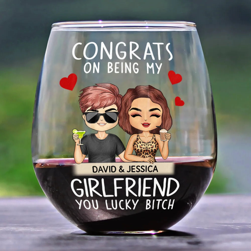 Gift For Couples, Gift For Husband, Gift For Wife, Gift For Boyfriend, Gift For Girlfriend - Congrats On Being My Husband Chibi Couples - Personalized Stemless Wine Glass