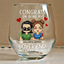 Gift For Couples, Gift For Husband, Gift For Wife, Gift For Boyfriend, Gift For Girlfriend - Congrats On Being My Husband Chibi Couples - Personalized Stemless Wine Glass