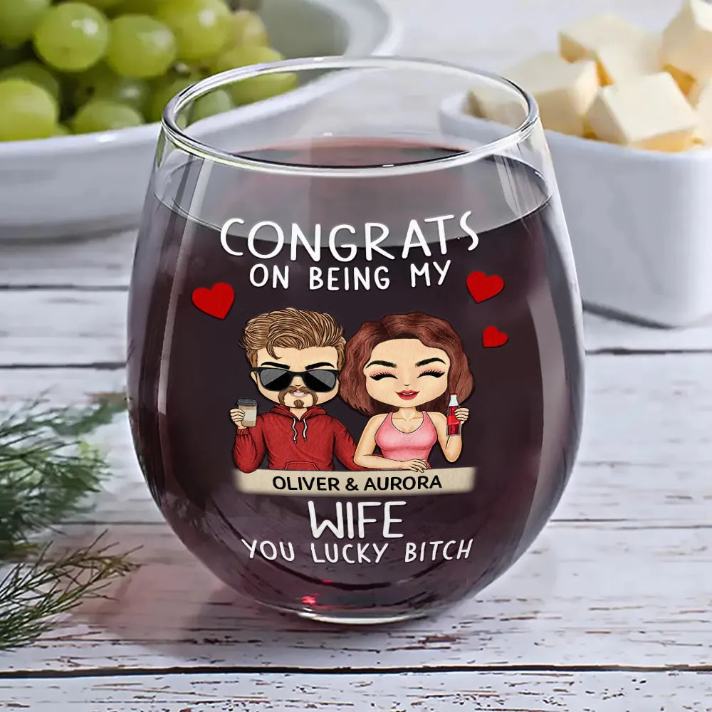 Gift For Couples, Gift For Husband, Gift For Wife, Gift For Boyfriend, Gift For Girlfriend - Congrats On Being My Husband Chibi Couples - Personalized Stemless Wine Glass